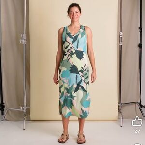Title Nine Danvers Midi Dress in Laurel Canyon Print Teal Green Pink Medium
